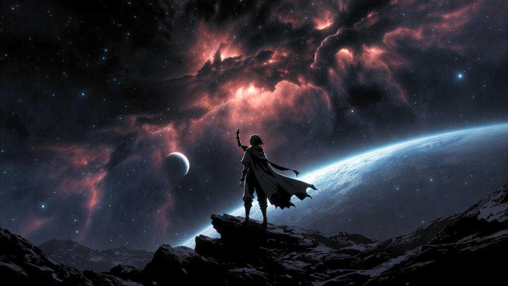 Anime guy on mountain, nightime clouds, planets